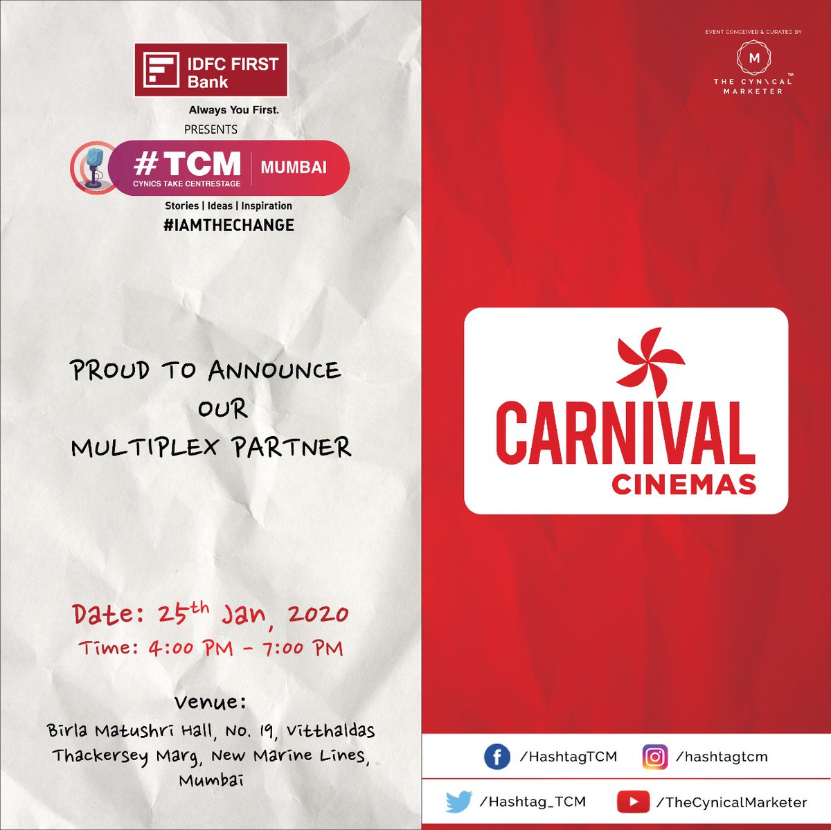Hashtag_TCM's tweet image. We  excited to announce @CarnivalCin as our #MultiplexPartner for @IDFCFIRSTBank  presents #TCMMumbai

Book #YourTickets Now👉bit.ly/HashtagTCMMumb…
#Venue : Birla Matushree, Marine Lines
#Date &amp;amp; #Time: 25th Jan 2020 | 4.00PM - 7.00PM