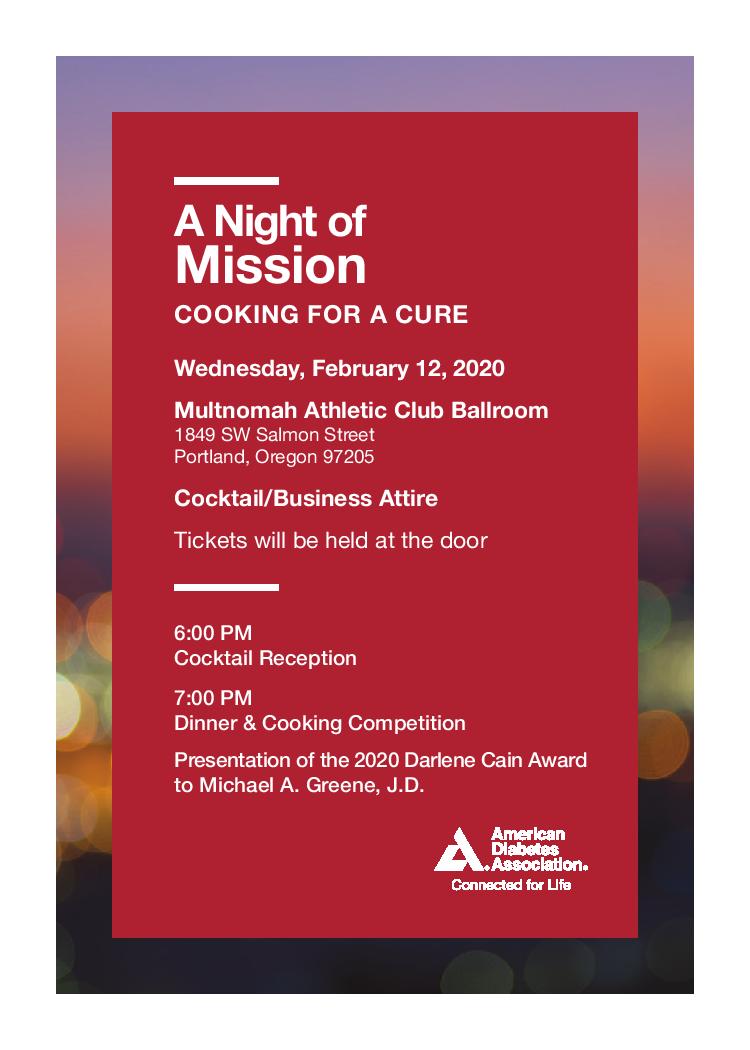 Join us for a night of healthy cuisine and healthy competition! On February 12th at the Multnomah Athletic Club, amateur cooking teams will face off for the title of Healthy Culinary Masterpiece of the Year. diabetes.org/nightofmission…