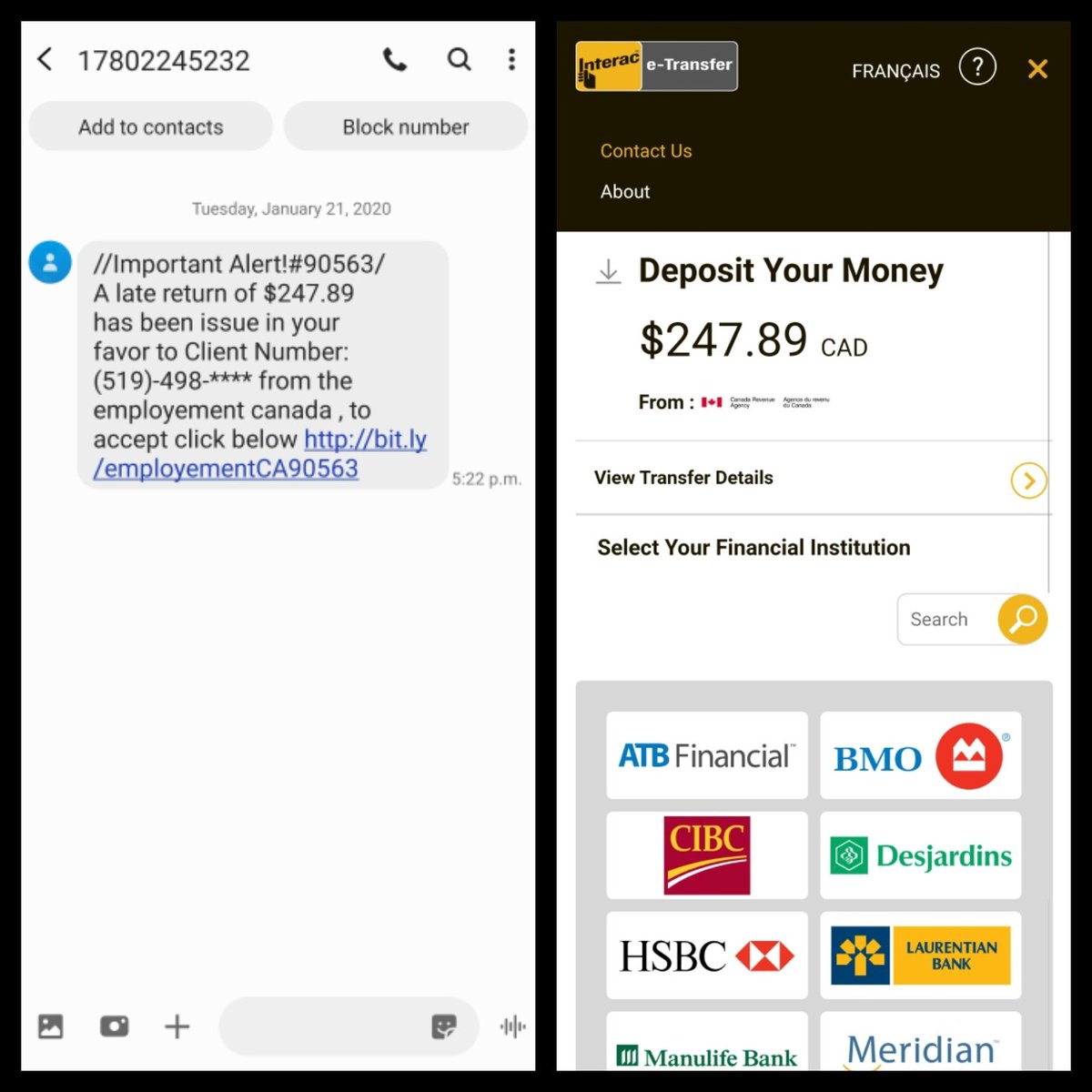 CygnusX82's tweet photo. @JimBrowning11 one of the latest scams going on in Canada. Canada Revenue Agency will never contact you this way. ToS, about, Contact links do not work..... https://t.co/UjOrHLOb7S