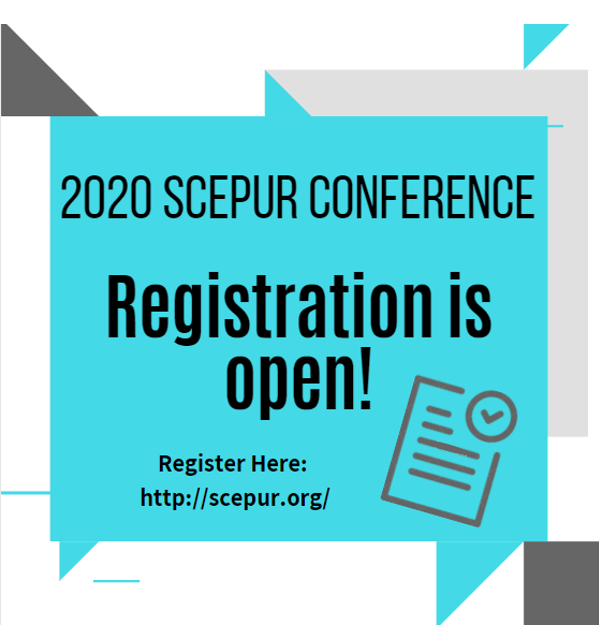 Registration is now open for the 2020 SCEPUR conference! The conference will be Friday, February 28, 2020. Visit scepur.org and click on “Register here”.$90 for professionals and $70 for students closes on February 21. On-site registration is available for $20 more.