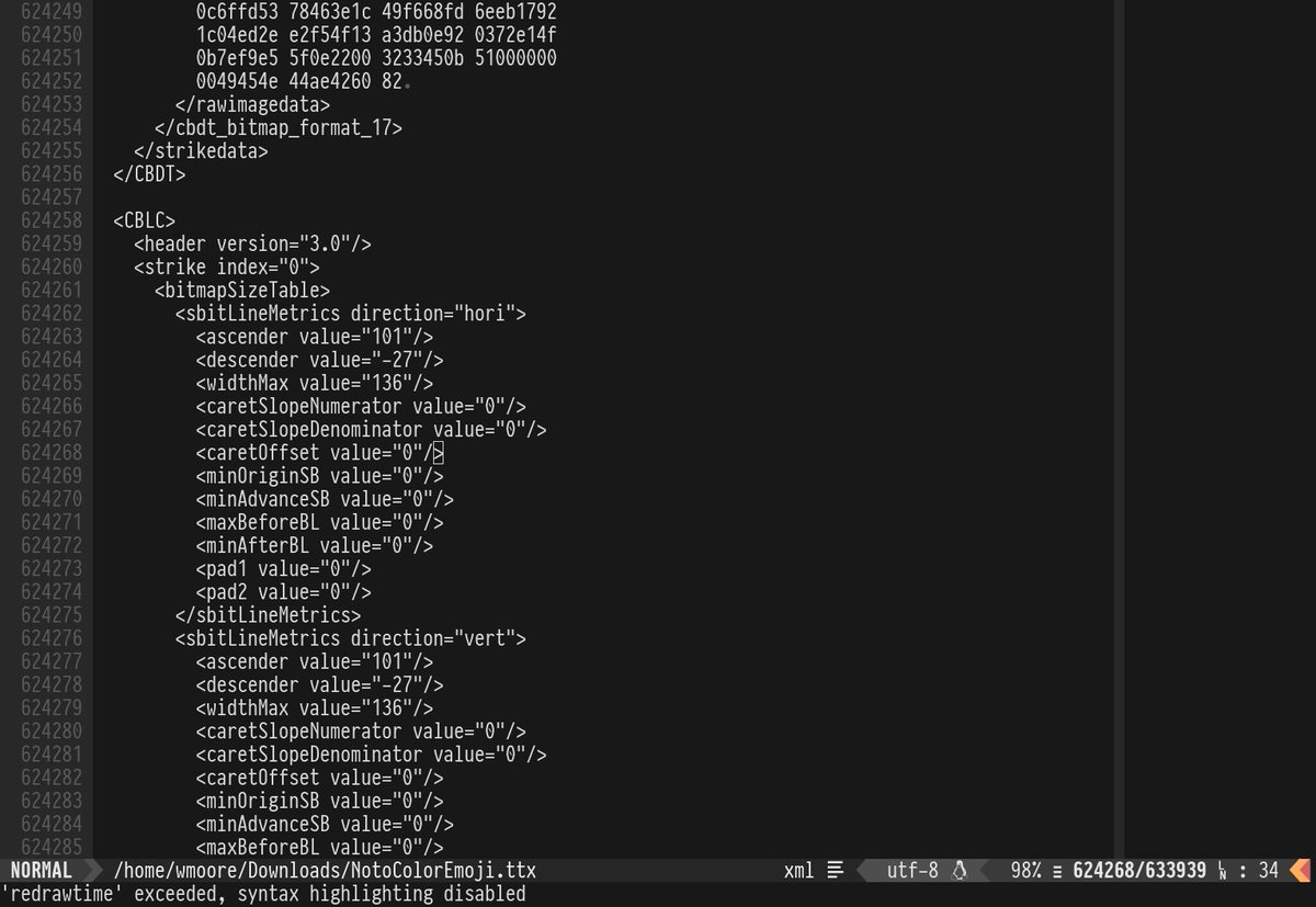 Neovim showing message: "'redrawtime' exceeded, syntax highlighting disabled". File is open with no syntax highlighting.