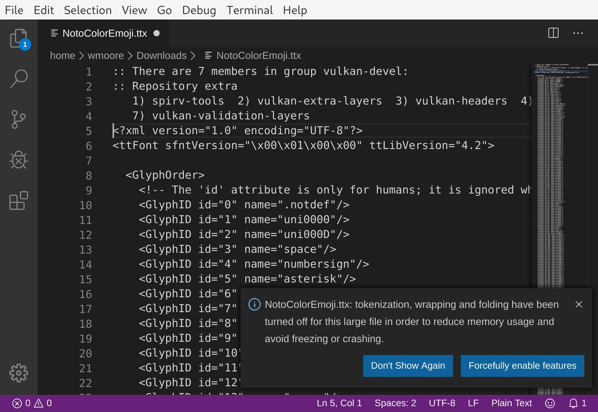 Visual Studio Code showing message: "NotoColorEmoji.ttx: tokenization, wrapping and folding have been turned off for this large file in order to reduce memory usage and avoid freezing or crashing". File is open with no syntax highlighting.