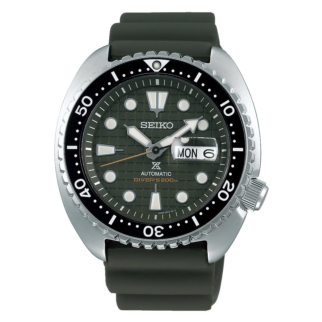 SeikoTurtle's tweet photo. New #SEIKO #Prospex #KingTurtle #SRPE05 includes upgraded sapphire crystal, cyclops lens and ceramic bezel insert on significantly upgraded steel bezel. Dark green textured dial feature gold seconds hand and dive rating on a dark olive silicon strap. MSRP $595.00 US #SeikoTurtle https://t.co/O8Hc66wB2e