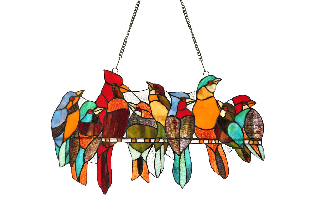 ChloeLighting's tweet photo. Love is in the air! 🥰 
Update your home this season with these beautiful, colorful lines of stained glass, love-birds window panels. Each panel is unique and hand crafted using the same technique developed by Louis Comfort Tiffany in the early 1900's. https://t.co/Ee1P7Tm1jK