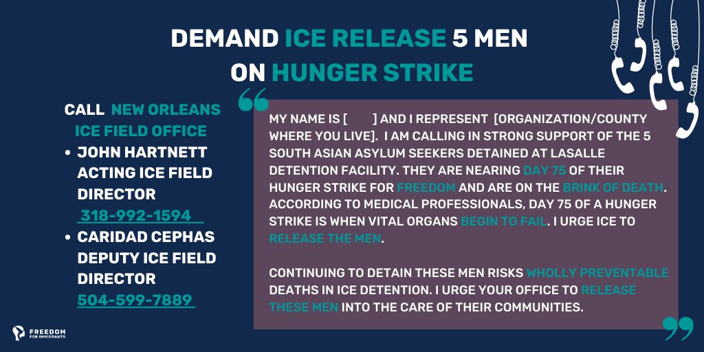 MigrantFreedom's tweet photo. The NOLA @ICEgov Field Office has the authority to release the men hunger striking for freedom at the LaSalle Detention Facility.
Call now and request their immediate release. https://t.co/U4ekw4I3CB