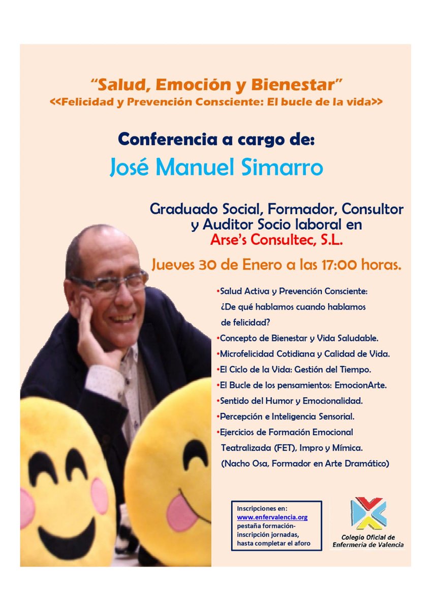 JoseMSimarro's tweet photo. Jornada GRATUITA Inscripciones en 
info@arsesconsultec.com o llamando al teléfono 963 49 14 60 @ArsesConsultec  #PrevenciónConsciente #SaludLaboral
#FormacionEmocionalTeatralizada #FET https://t.co/na4bq83XTc