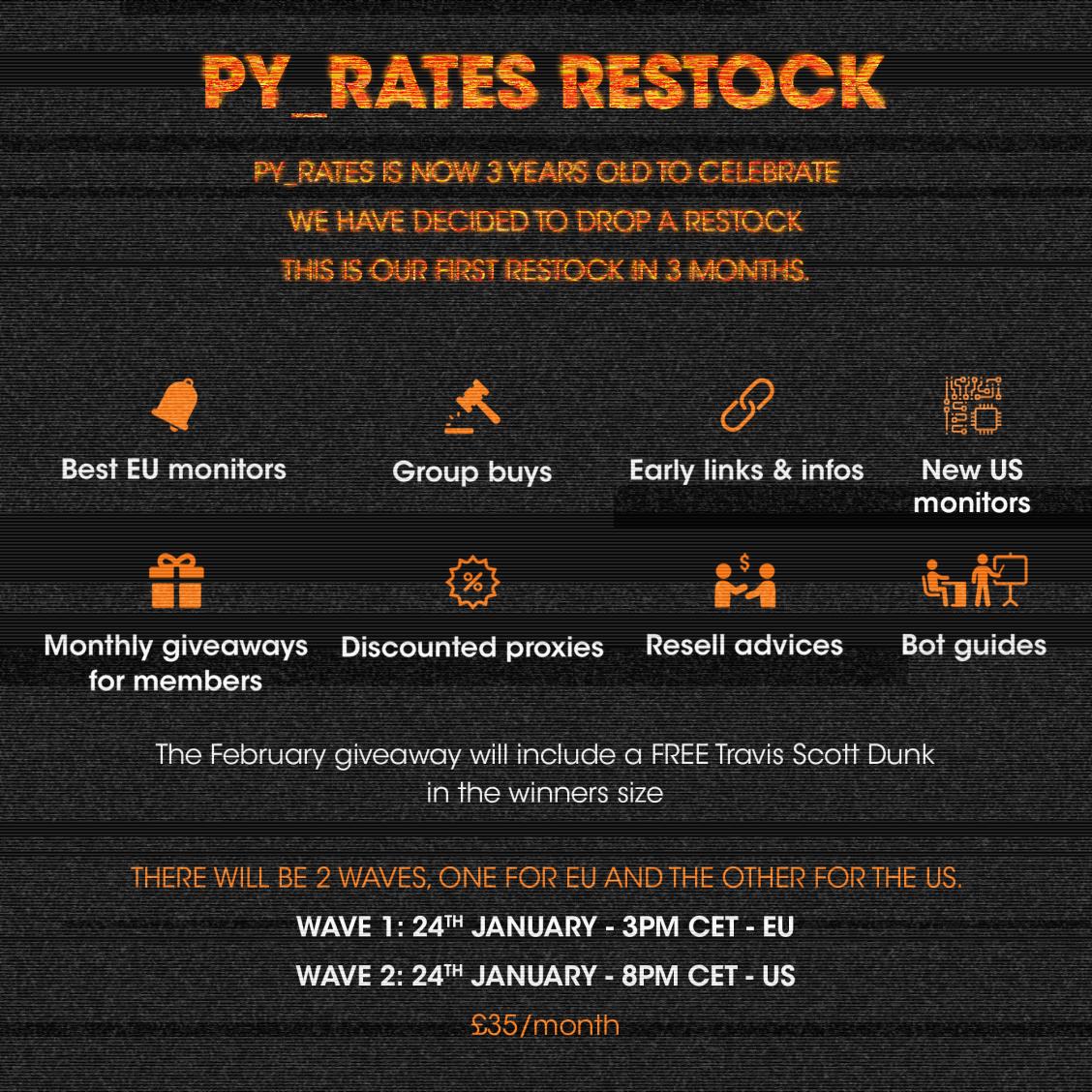 py_rates's tweet image. 🚨To celebrate our 3 Year Anniversary it's RESTOCK + COMPETITION ⏰🚨
For restock info check out the pic below.
To participate all you need to do is RT this tweet &amp;amp; be following us!
There will be 3 Membership prizes to in:
🏆 Lifetime
🏆 1 Year
🏆 6 months
Ends 24th Jan - 8PM CET