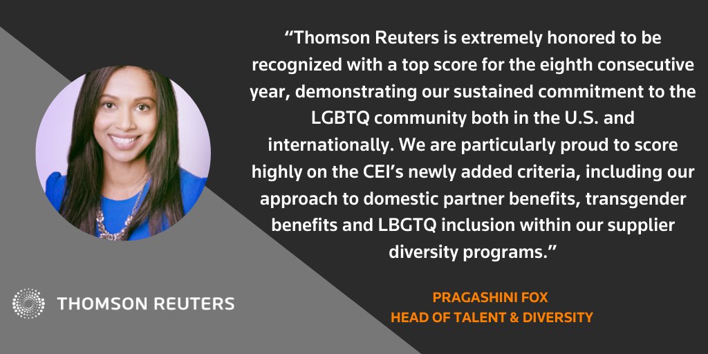 thomsonreuters's tweet photo. For the 8th consecutive year, we're proud to have earned 100% on the Corporate Equality Index, the @HRC's annual scorecard assessing #LGBTQ workplace #equality. 

Read more about or commitment to the LGBTQ community in the US and worldwide here: 

https://t.co/6S9ICte3GR https://t.co/jBCFUbPeNy