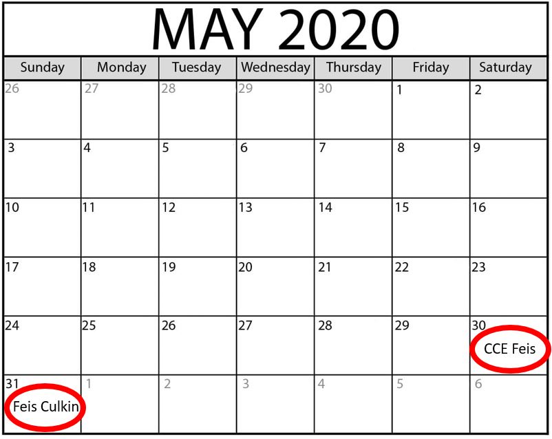 Announcing a *new* double feis weekend: May 30 and May 31, 2020, CCE Feis and Feis Culkin will be held at the Catholic University DuFour Athletic Center in Washington, DC. Save the dates now!