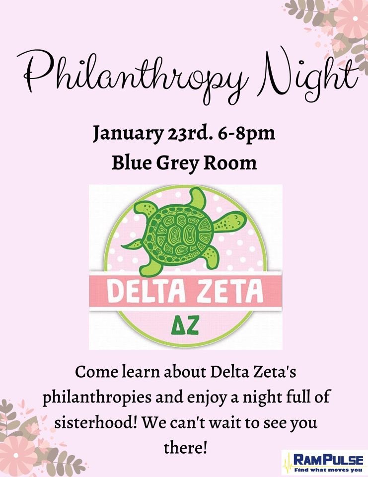 Join the sisters of Delta Zeta at our philanthropy night!! We're so excited to share with you the organizations near and dear to our hearts... don't miss out on our first night of recruitment Jan 23rd!!💗💚