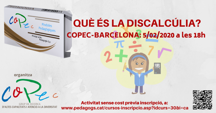 CopecPedagogs's tweet image. ✏️ Ja t'has inscrit a la Píndola Pedagògica "Què és la #Discalcúlia?"
+ pedagogs.cat/cursos-inscrip…
Organitza el #GrupRecercaAltesCapacitats i #AtencióDiversitat del #COPEC: 
🗓 05/02/20 18h a #CopecBarcelona
#AltesCapacitats #GRAC