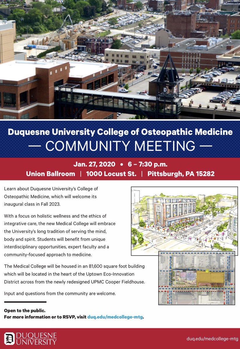 SohoPgh's tweet photo. 📢 Community Meeting about new ⁦@duqedu⁩ college of osteopathic medicine building planned for Forbes Ave: Jan 27, 6PM, Union Ballroom at Duquesne U. https://t.co/aXtS5XtRnk