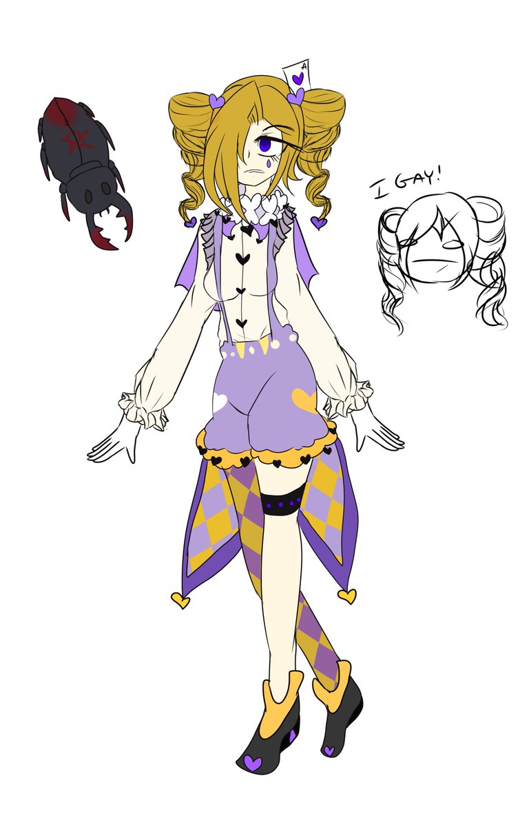 ToTheZeroLiner's tweet photo. We got Lovely Joker aka Aina Kuwagata
So we got a Gold and Purple Color Scheme 
Twin drills tail 
With a clown motif
With Jester clothes 
A playing card accessory 
Her mascot is a stag beetle named "Stabby"
Her magical girl name is Lovely Joker https://t.co/FWbMB8kvS6