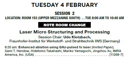 IMRAsales's tweet photo. Looking for new methods of laser micro processing? 

Check out IMRA's @PhotonicsWest Session 2 talk on "Enhanced ablation using GHz-pulsed fs laser" taking place on February 4th at 8:20 am. See you there!

#PhotonicsWest #imraamerica #laserprocessing #gigahertz
#getready https://t.co/SCIg3piqmH