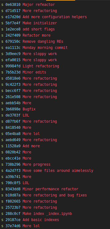 A screen filled with squashed changes that represents about 1/4th of what's getting rebased.