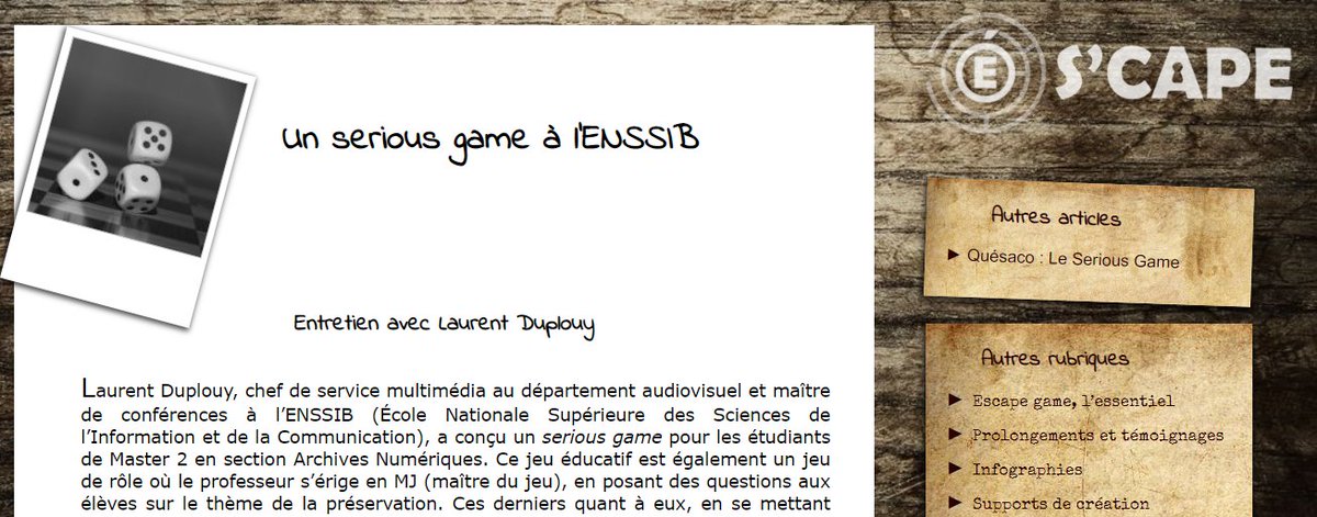 La veille de <a href="/Gameschola/">Gameschola</a>  : 
Témoignage de Laurent Duplouy, chef de service multimédia au département audiovisuel et maître de conférences à l’ENSSIB, qui a conçu un #seriousgame pour les étudiants de Master 2 en section Archives Numériques.

scape.enepe.fr/un-serious-gam…