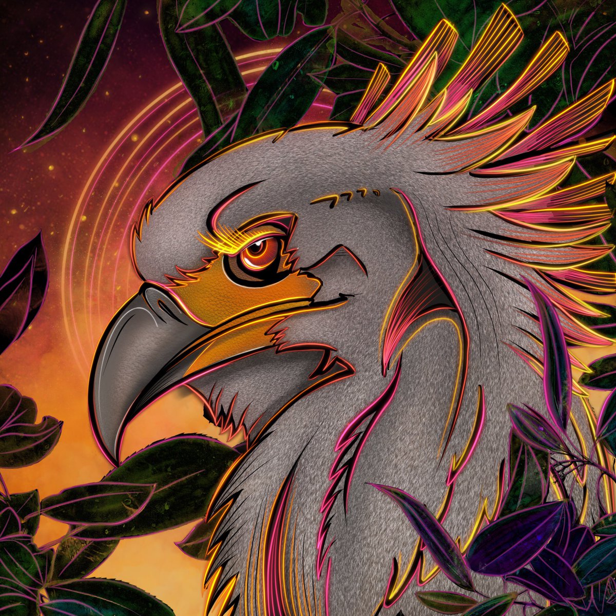 DarlingDefiant's tweet photo. A fun secretary bird sketch with some neon flair! I love the composition of this piece. Any likes or RT’s are appreciated <3!  #furry #art #artist #sketch #digitalart #farcastercrafts #birds #furryart #commission #drawing https://t.co/VXNFJ5Pkne