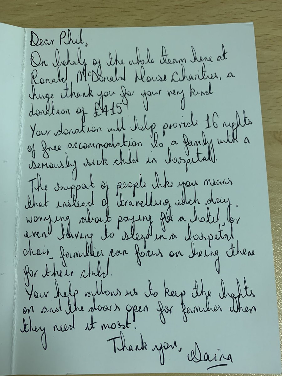 Further to ‘Morning of sweeps for charity’ I received this thankyou card in the post yesterday. Hand written by Daina of <a href="/RMHCUK/">Ronald McDonald House Charities UK</a> 

Thought it was a lovely touch. Explaining how it’s provided 16 nights free accommodation for families with sick children. Thankyou to all who donated