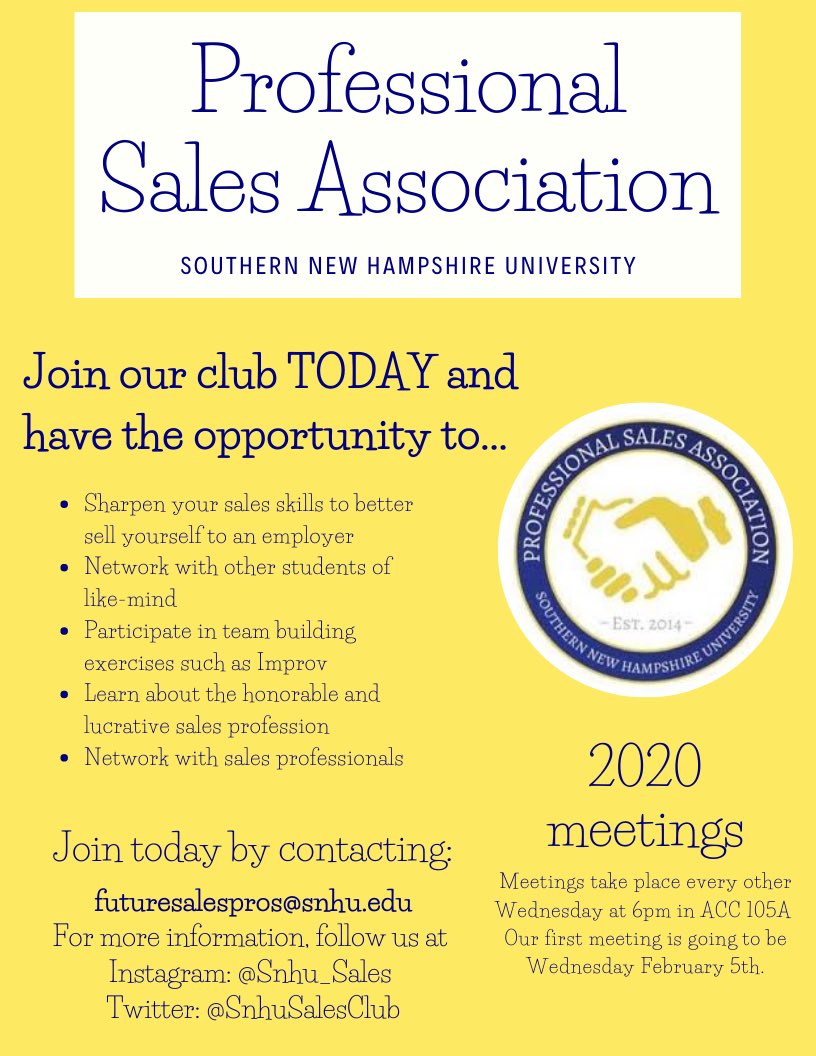 SNHUSalesClub's tweet photo. Are you interested in joining the Professional Sales Association?! Visit our table tomorrow at the Involvement Fair for more info! @SNHUOnCampus https://t.co/bHARbfoKXN