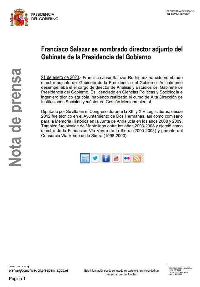 El nombramiento de <a href="/SalazarRoPaco/">Paco Salazar</a> como Director Adjunto del Director de Gabinete de <a href="/sanchezcastejon/">Pedro Sánchez</a> es una gran noticia.
Trabajo codo con codo con él y estoy convencido que su capacidad de trabajo, su inteligencia y habilidad ayudarán en un gobierno de progreso e ilusión