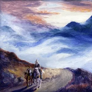 Mientras descendían el empinado sendero, hacia Rivendel, Bilbo oyó a los elfos que cantaban todavía entre los árboles, como si no hubiesen callado desde que él estuviera allí hacía tiempo, y tan pronto como los jinetes bajaron a los claros inferiores, entonaron una canción....