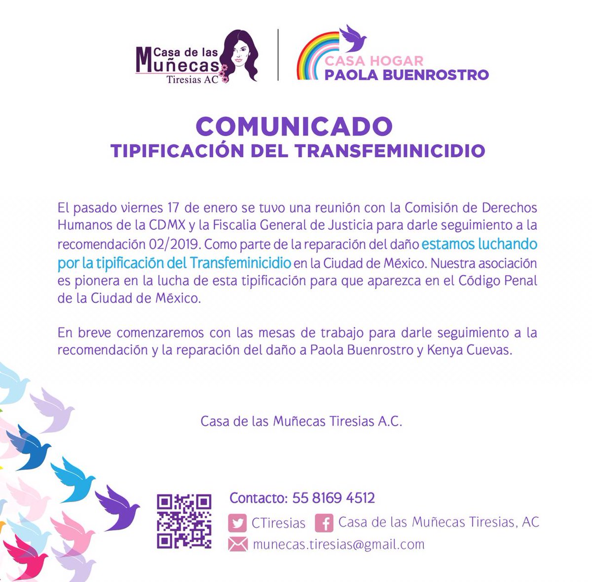 Parte de nuestro objetivo y nuestra lucha; como acuerdo comenzaremos mesas de trabajo a la brevedad para la tipificación de #transfeminicidio. 
#paolabuenrostro #kenyacuevas #casamuñecastiresias