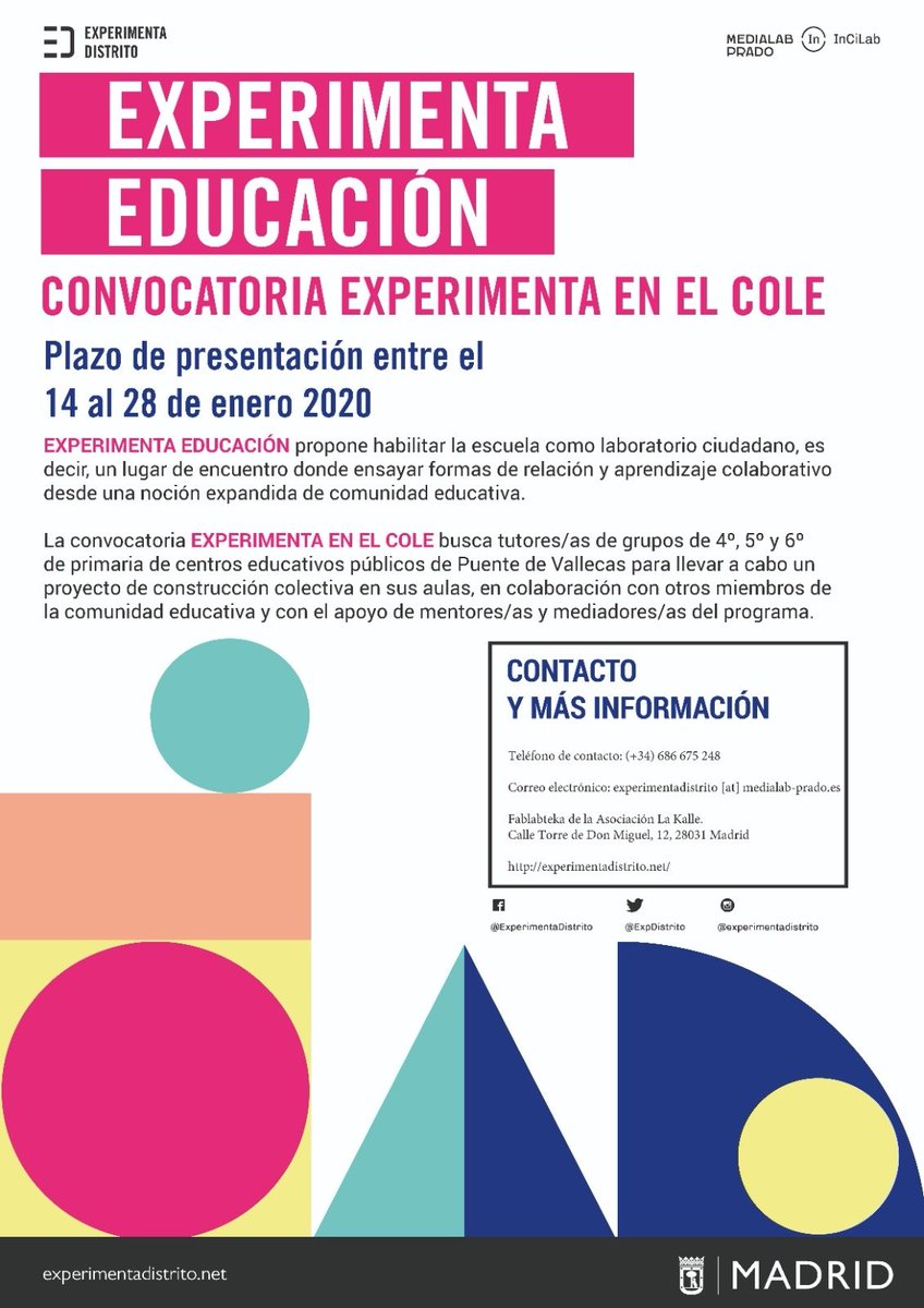 📣Nueva edición de #ExperimentaDistrito en #PuentedeVallecas un experimenta con novedades, en dónde los coles van a estar muy presentes.
+info 👇 medialab-prado.es/noticias/exper…