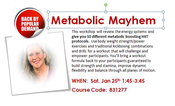 LibNorris's tweet photo. EARN &amp; LEARN - Sat., Jan 25th JOIN US at Meadowvale Community Centre, Mississauga for METABOLIC MAYHEM. Get inspired with new ideas to help your classes &amp; clients see &amp; feel results. 2 blocks of sessions 11:30-4:00 &amp; only $30/session! https://t.co/NdfZUXBBeO