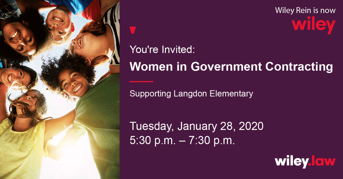 WileyRein's tweet photo. Join Wiley’s Women in Government Contracting Group for a #serviceevent benefiting the students of @LangdonDC in Washington, DC on January 28 at 5:30 PM. Click here to RSVP: https://t.co/LXGH6mrmZ6 #GovK https://t.co/P2mwkeY3zO