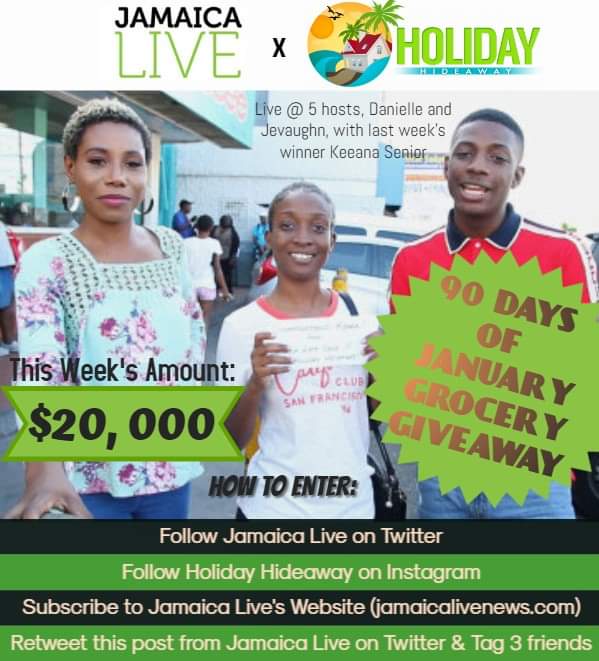 JamaicaLivenews's tweet photo. It's the last week and the largest sum to date. $20,000 will be given out this week on Live @ 5. Share and Enter for your chance to win! DMs must be open.  #90days https://t.co/veHTgkoXHX