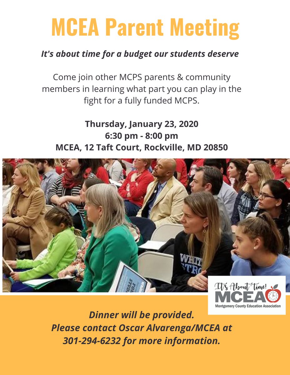 mceanea's tweet photo. Attention community members! Please join us at our next parent meeting, as we discuss the role you can play in our fight for a fully funded MCPS.
RSVP to oalvarenga@mceanea.org. #ItsAboutTime #MCEARedForEd #MCEAUnited https://t.co/kk4hRXS3BH