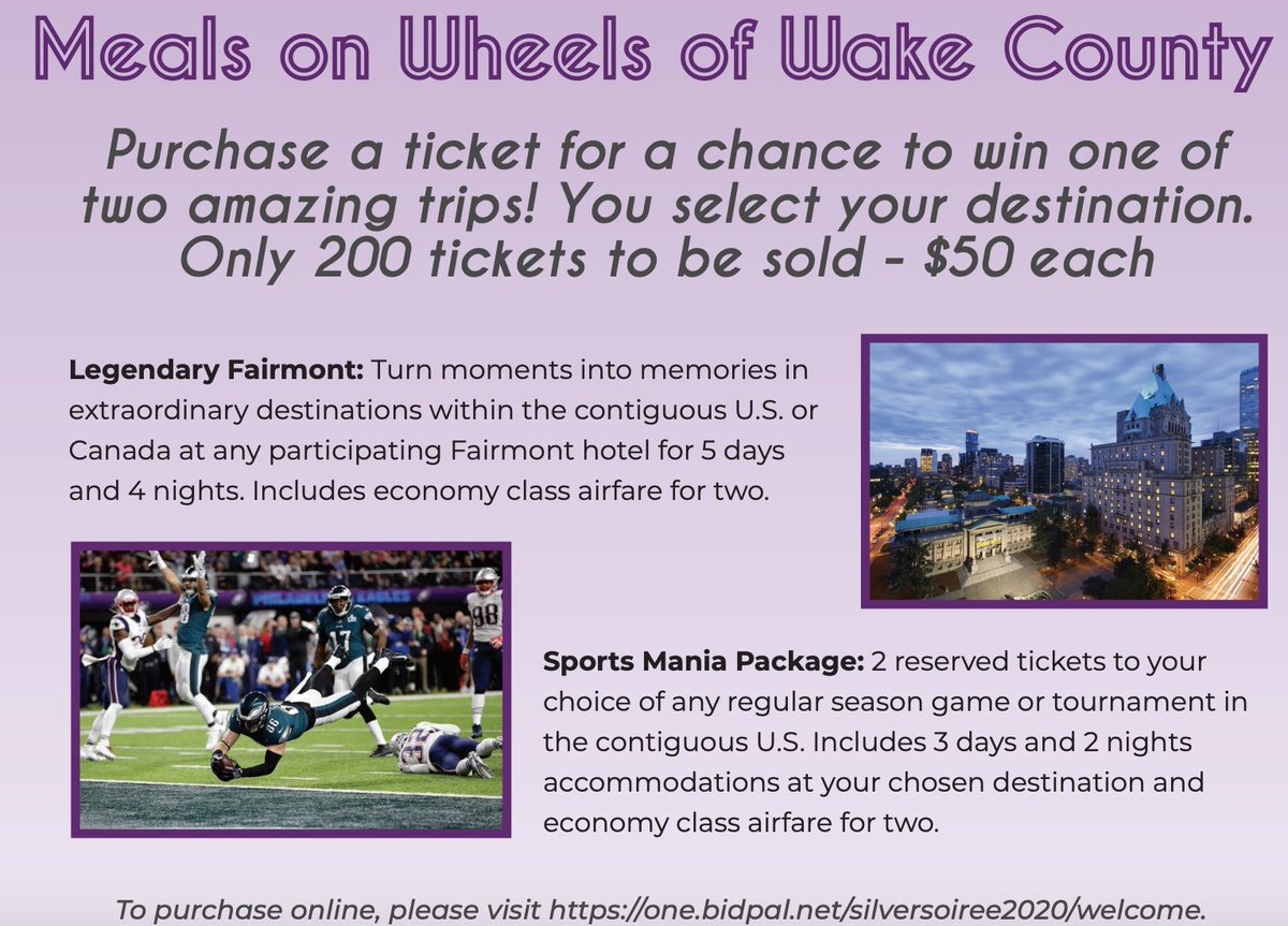 Kristina218's tweet photo. Support @WakeMOW and buy a vacation raffle ticket for $50! Proceeds from one ticket will provide 7 healthy meals for a senior in need. Chance to win an unforgettable vacation or sports mania package - purchase today! https://t.co/KrXzufuEqK https://t.co/OU6nE5ZbeQ
