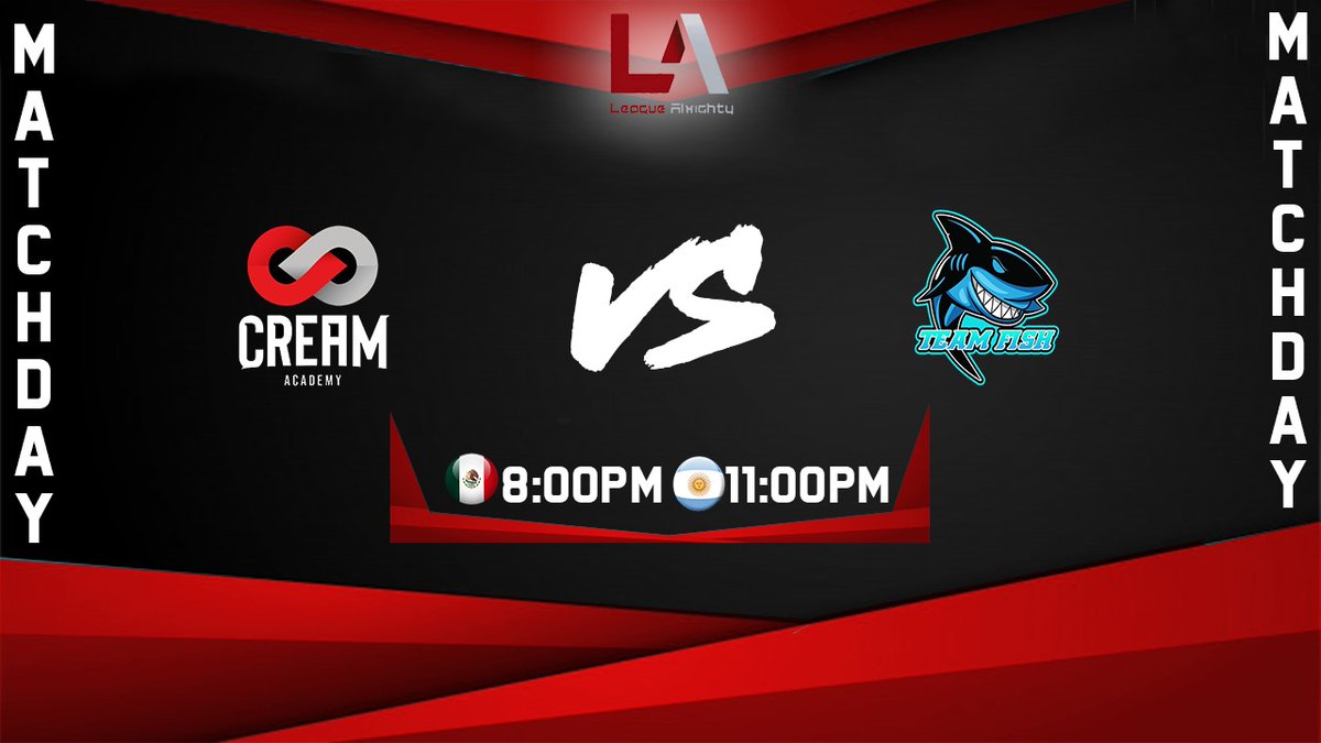 #MatchDay

Hoy estos dos equipos buscan levantarse después de su mal comienza en la jornada 1. ¿Quién podrá hacerlo?

@Cream_AcademyGG 🆚 <a href="/TeamFishCR1/">Team Fish CR</a> 

⏰ 20:00 🇲🇽 | 21:00 🇵🇪 | 23:00 🇦🇷