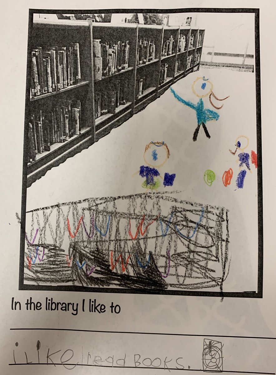 plsweeney1's tweet photo. We read Knufflebunny with @Novel_Effect , then my kinder #WFEReaders used the Knufflebunny style to be authors and illustrators for what they like about library. ❤️ these two of reading together and getting books. @The_Pigeon https://t.co/sGtvFLPb9N