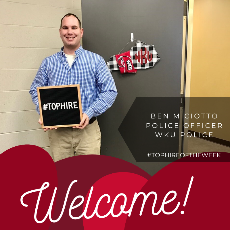 WKUTopLife's tweet photo. Welcome to these new WKU employees!  We're proud to have you join the WKU family!  #tophire #tophireoftheweek #wku

Jennifer Gilliam, KIIS
Jacob Sharp, WKU Police
Jordan Saltsman, WKU Police
Ben Miciotto, WKU Police https://t.co/5ZPHpNd93v