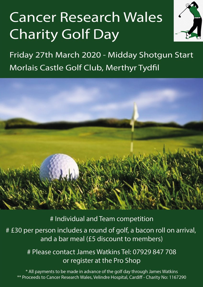 StuBarry's tweet photo. Charity Golf Day Friday 27th March @morlaiscastle in aid of @cancer_wales get involved guys, raising money for a good cause! @James2905 https://t.co/FbdHW8hPve