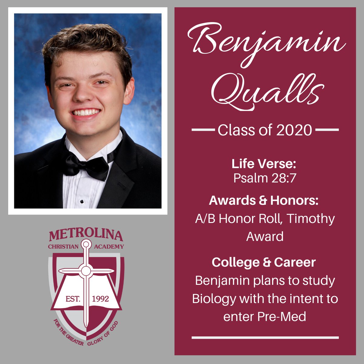 MCAWarrior's tweet photo. In today's Senior Spotlight, we are recognizing Ben Qualls - https://t.co/Xf0cR42hwZ  #mcaclassof2020 #onefocus https://t.co/nC0lFI6Qus