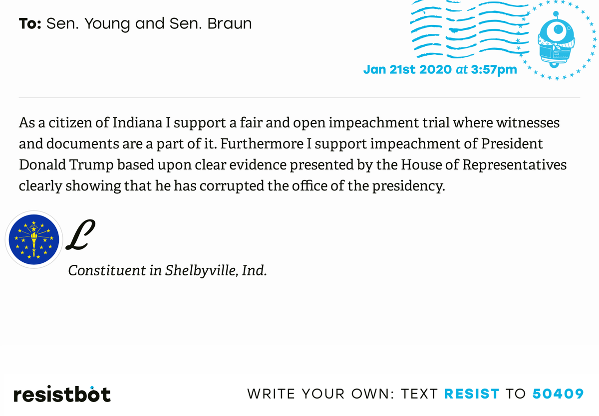 openletterbot's tweet image. I just delivered this letter from L in Shelbyville, Ind. to @SenToddYoung and @SenatorBraun #IN06 #INpolitics #Impeach