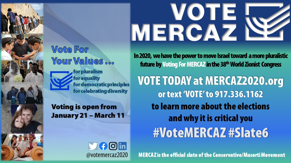 RabbiAssembly's tweet photo. Starting today, we have the opportunity to act on our connection to the people and State of Israel by voting for the Mercaz (#Slate6) in the WZO Elections. An increase in delegates is within our reach - but only if we all vote. https://t.co/Re0lvKbsPX #VoteMercaz @VoteMercaz2020 https://t.co/m2BtCQek2o
