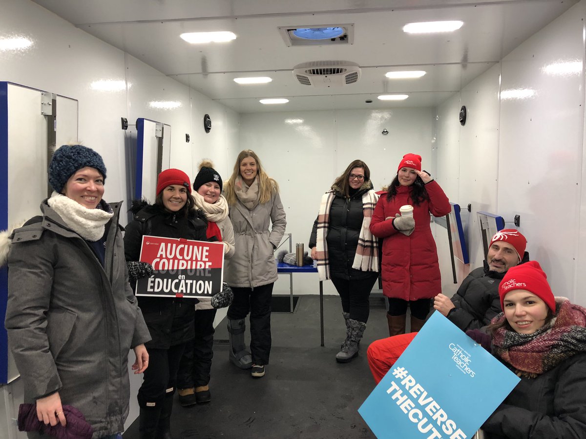 OECTAStClair's tweet photo. What a day! Huge shout out to @liuna1089. Our union brothers and sisters went way above and beyond! They loaned us their mobile classroom turned warming centre for the day&amp;brought pizza for lunch! Blessed to have their support! #CatholicTeachers #OectaProv #solidarity #KnowMore https://t.co/qKqCYtTGdE