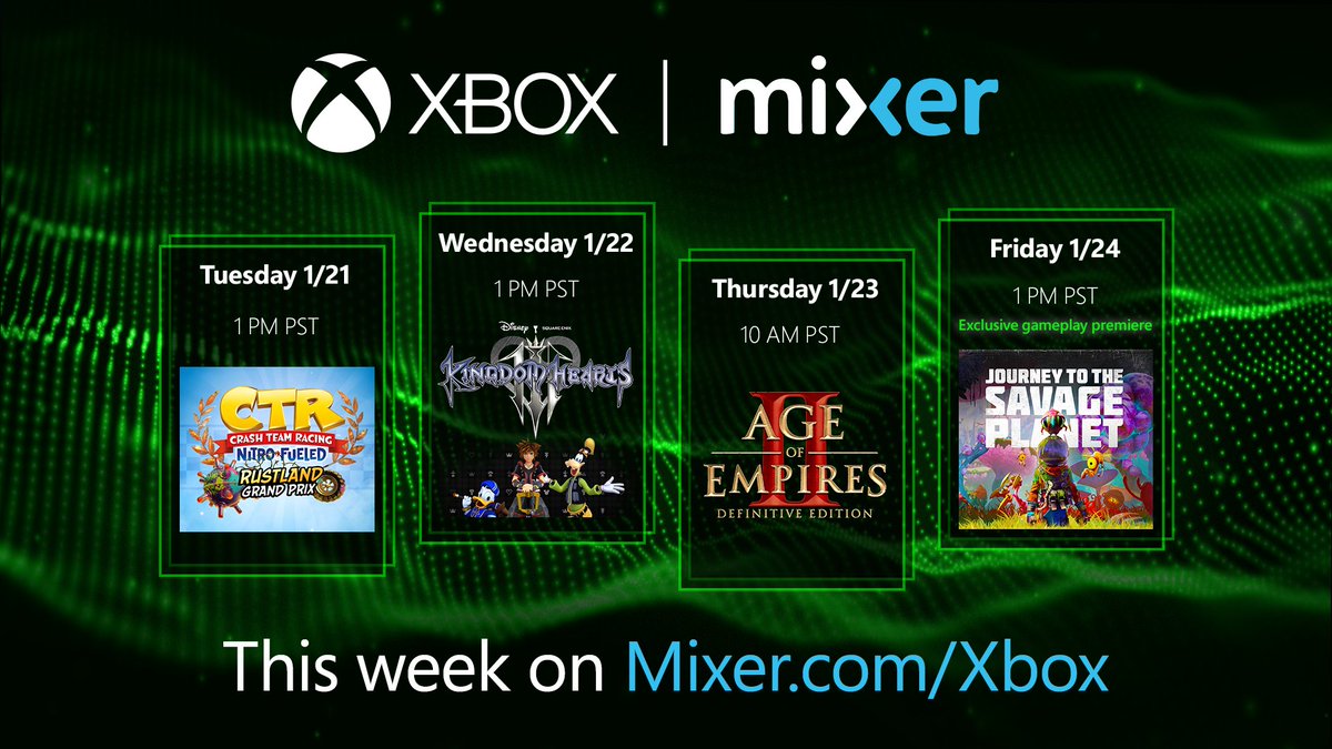 Four green and black squares are placed side by side showing logos for different games, dates and times. Text Reads: Xbox. Mixer. This week on Mixer.com/Xbox.