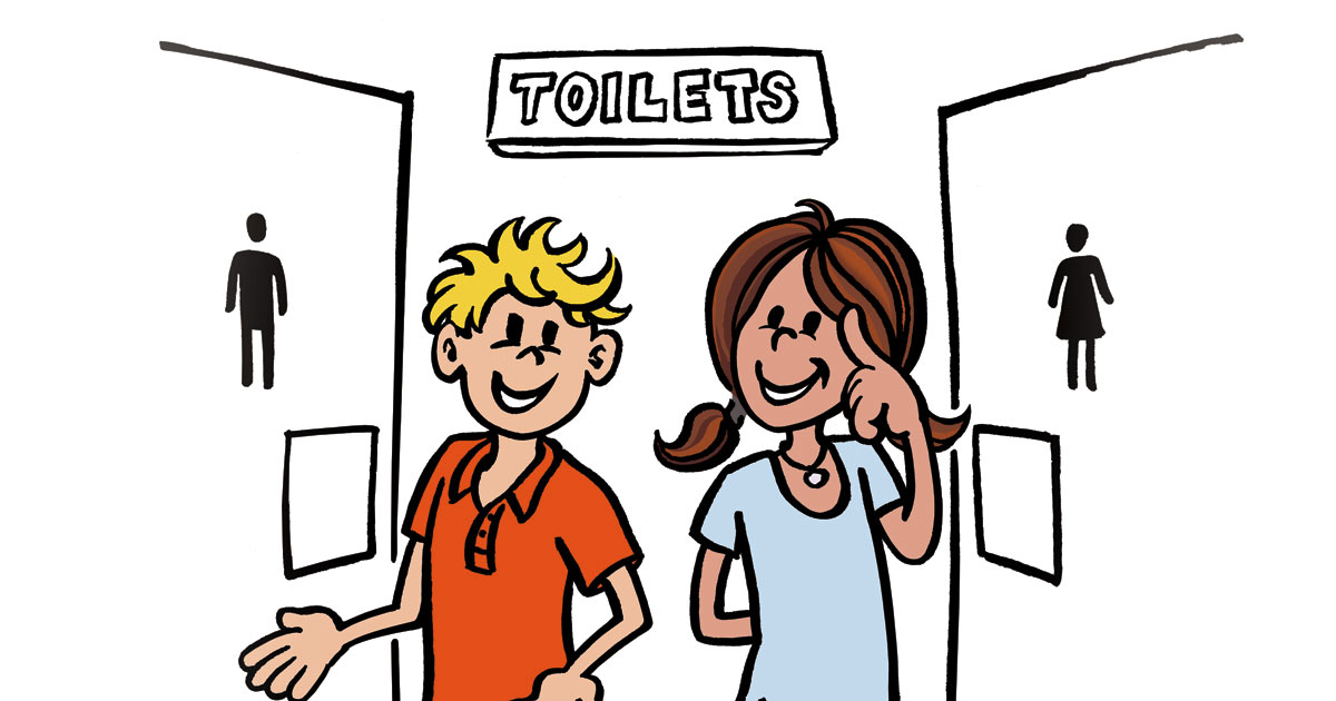 Cartoon image of two children standing outside toilets and smiling