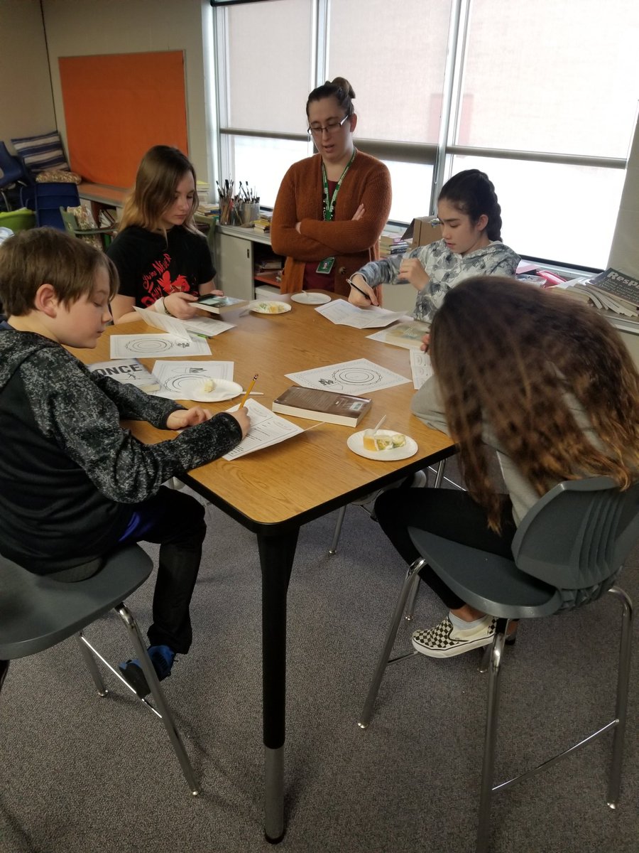My grandma sent my students a King Cake so we enjoyed it today during our Book Tasting Cafe