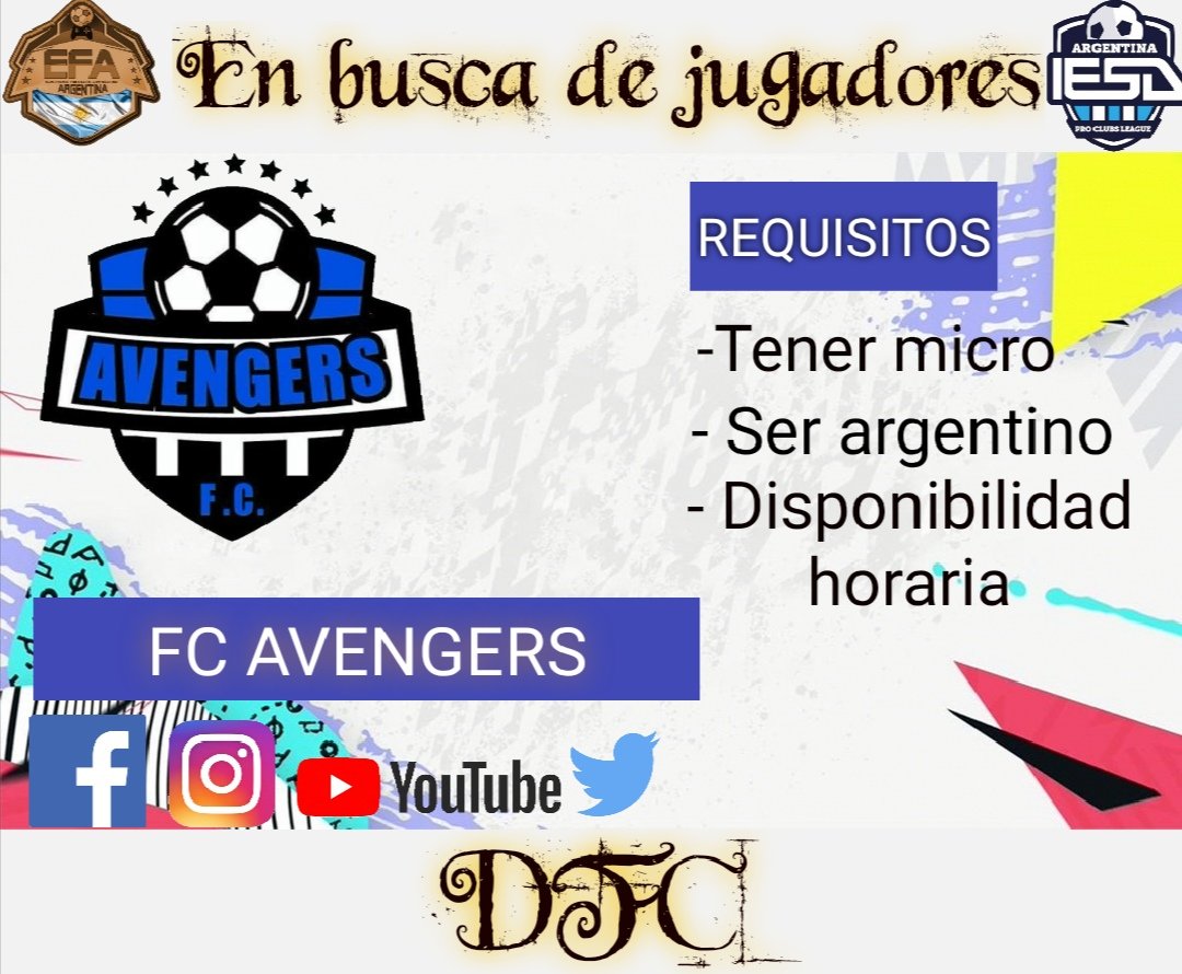 FC AVENGERS
Buscamos dfc para titularidad pruebas hoy
Jugamos efa e iesa
Requisito (SER ARGENTINO)
<a href="/AyudasJugadores/">AyudasJugadores</a> <a href="/DefensasVfo/">Defensas VFO</a> <a href="/efa_fichajes/">EFA_FICHAJES</a> <a href="/FichajesAyudas/">Ayudas Fichajes</a> @IESA_fichajes <a href="/mercado_vfo/">FUT CHAMPS</a> <a href="/VFO_fichajes/">MercafichajesVFO®</a> <a href="/FichajesAyudas/">Ayudas Fichajes</a>