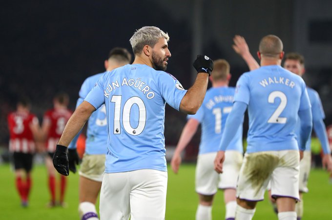 Sergio Aguero, mencetak gol kemenangan dalam laga Sheffield United vs Manchester City, Selasa (21/1/2020).