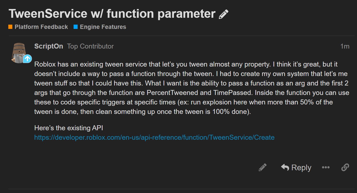 Scriptonroblox On Twitter What If Tweenservice Let You Pass A Function To Run Each Time A Tween Happens It D Tell You What Complete The Tween Is In How Much Time - roblox tween api
