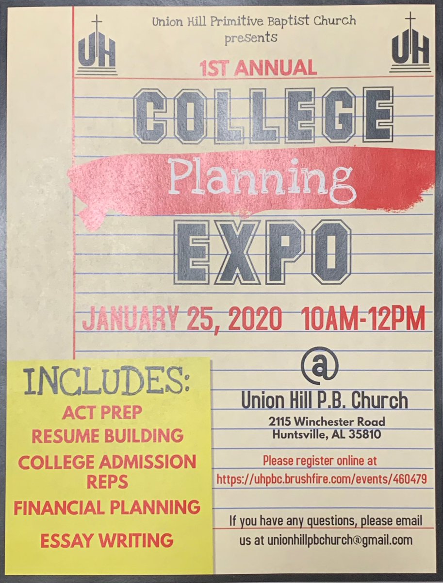 leehighhsv's tweet photo. Students take advantage of this College Planning Expo this Saturday, January 25th at Union Hill Church! #WeAreFamiLEE @kitrisetorain @twoods52 @megscarroll @bridgetsax @HSVk12 https://t.co/9UqqrrXIvp