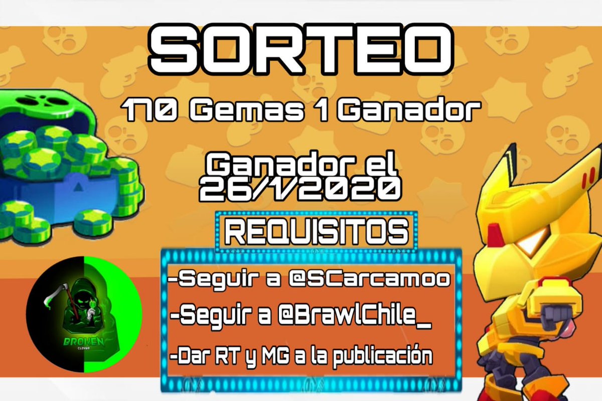 BrawlChile_'s tweet photo. ‼️NUEVO SORTEO 170 GEMAS‼️
Tercer sorteo del año para ganar 170 gemas.
Requisitos:
•Seguir a @BrawlChile_  y @SCarcamoo 

•Dar RT🔄 y Fav ❤️a la publicación 

Finaliza el 26 de enero https://t.co/OqTrEwVGE5