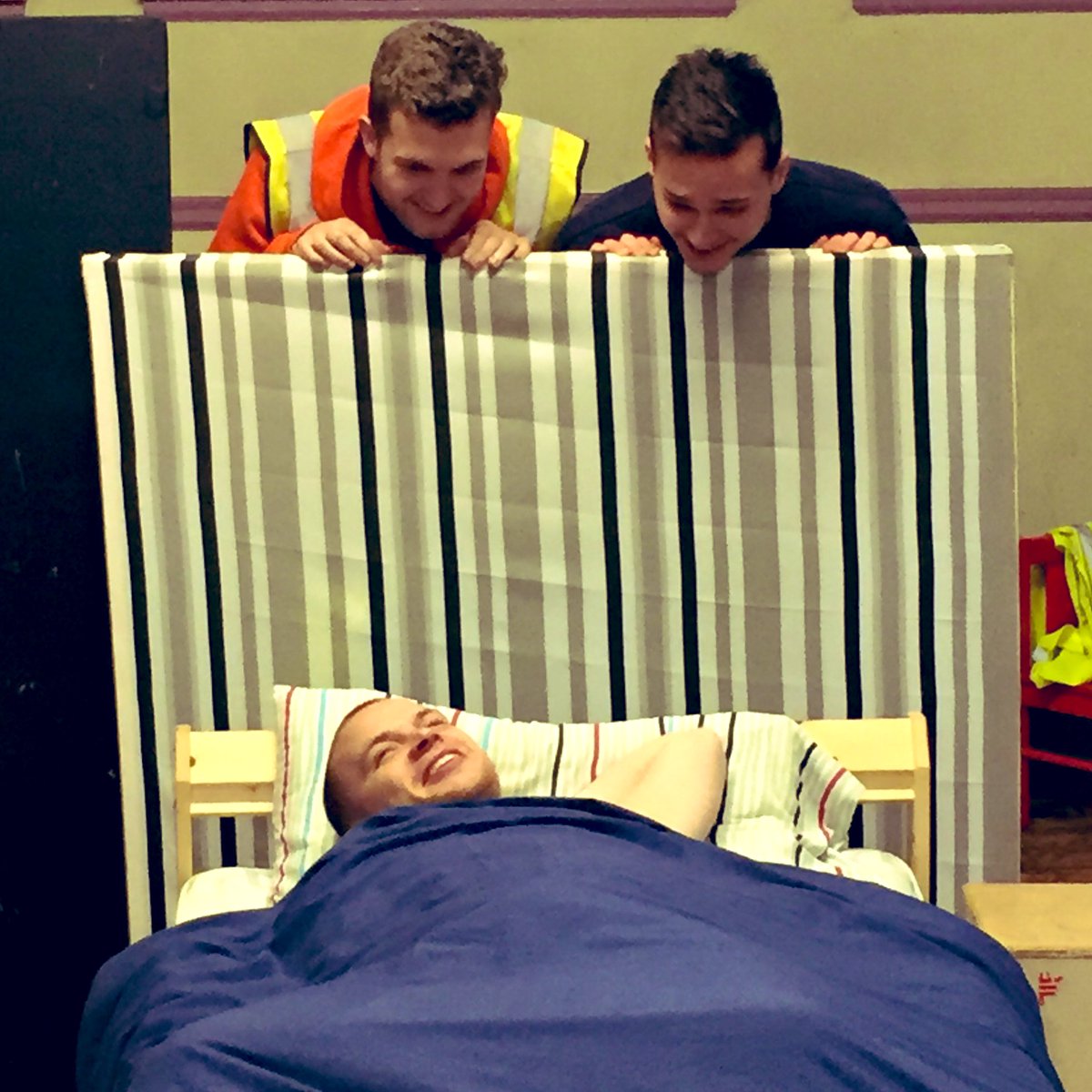 qweerdog's tweet photo. Can’t help but feel today’s rehearsal sent everyone a bit west! 
And YES, in case you’re wondering, @The_Kyle_Fisher is wearing a cardboard box on his head. #AbsoluteCertainty2020 @samtaylor62 @danielbmaley #LostThePlot https://t.co/622eQHP0ex