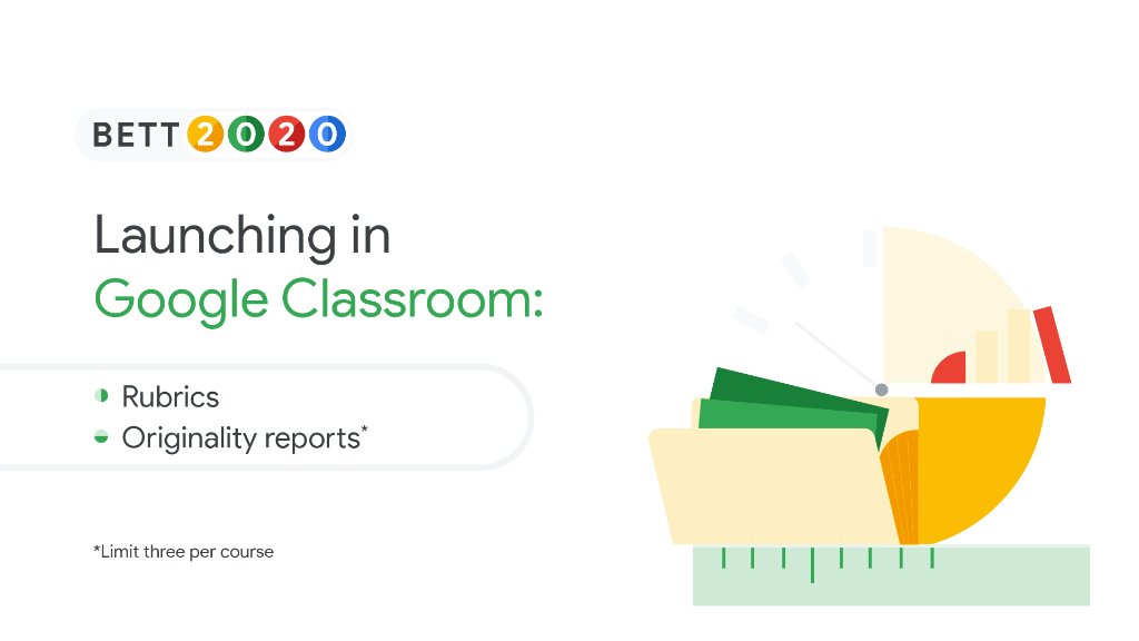 Originality reports &amp; rubrics are rolling out in #GoogleClassroom! We're also launching:
✏New rubrics features
✏Updates to ️grades ↔ SIS syncing beta
✏Student-to-student plagiarism detection &amp; more languages in originality reports betas

goo.gle/37gsrRO #Bett2020